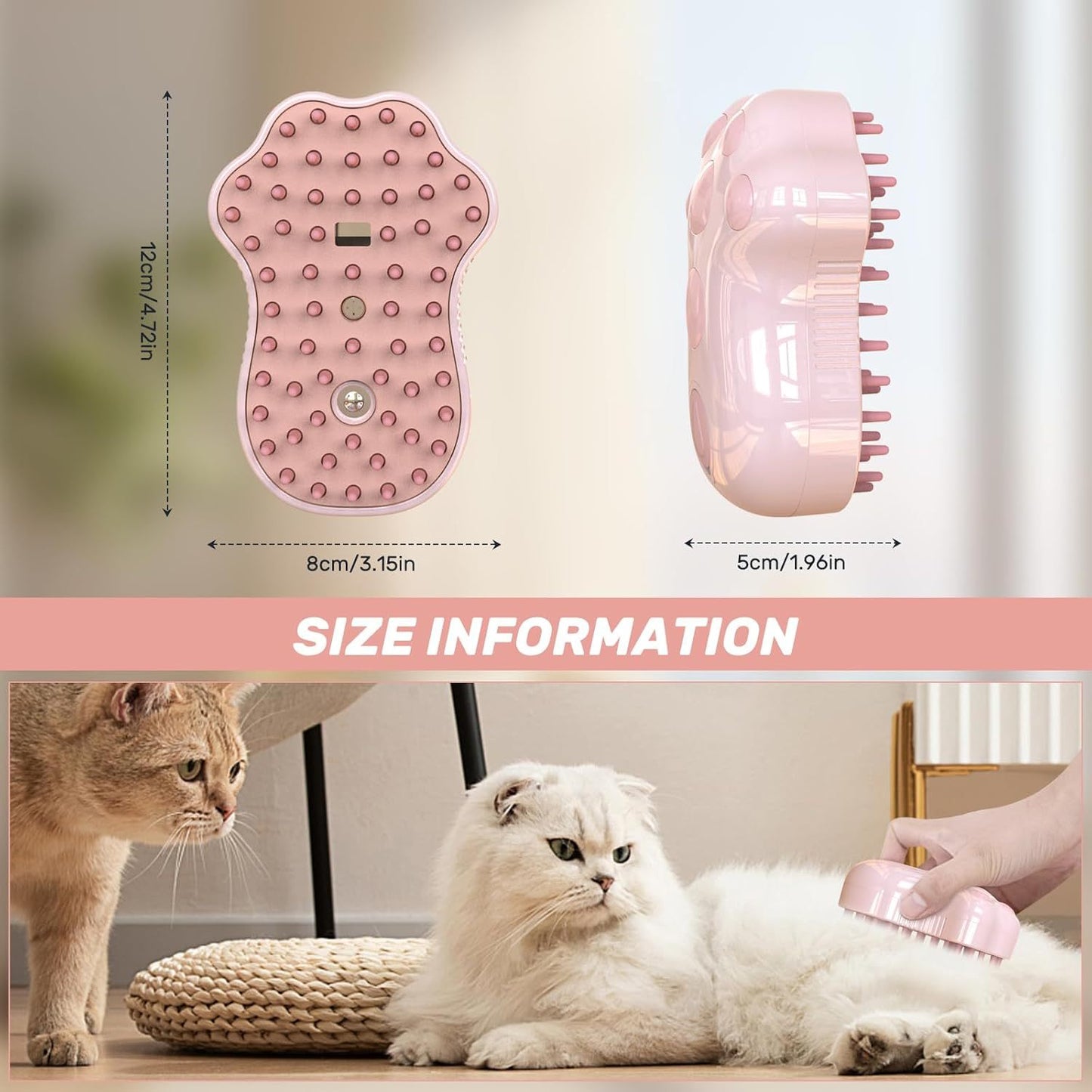 Brosse à Vapeur Autonettoyante pour Chat - 4 en 1 avec Brumisateur, Massage et Lumière Bleue - Pour Poils Longs et Courts - La Tribu Poilue