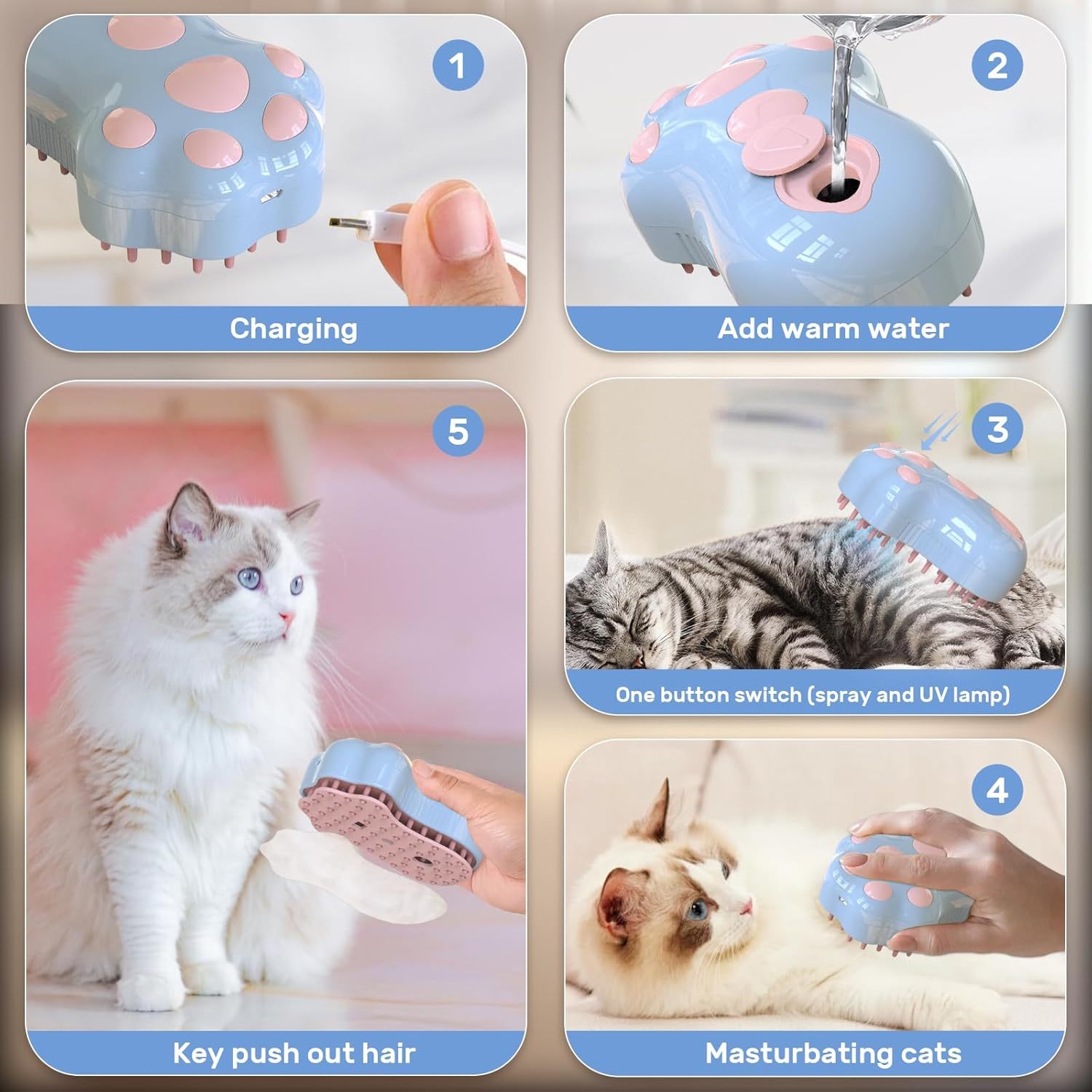 Brosse à Vapeur Autonettoyante pour Chat - 4 en 1 avec Brumisateur, Massage et Lumière Bleue - Pour Poils Longs et Courts - La Tribu Poilue