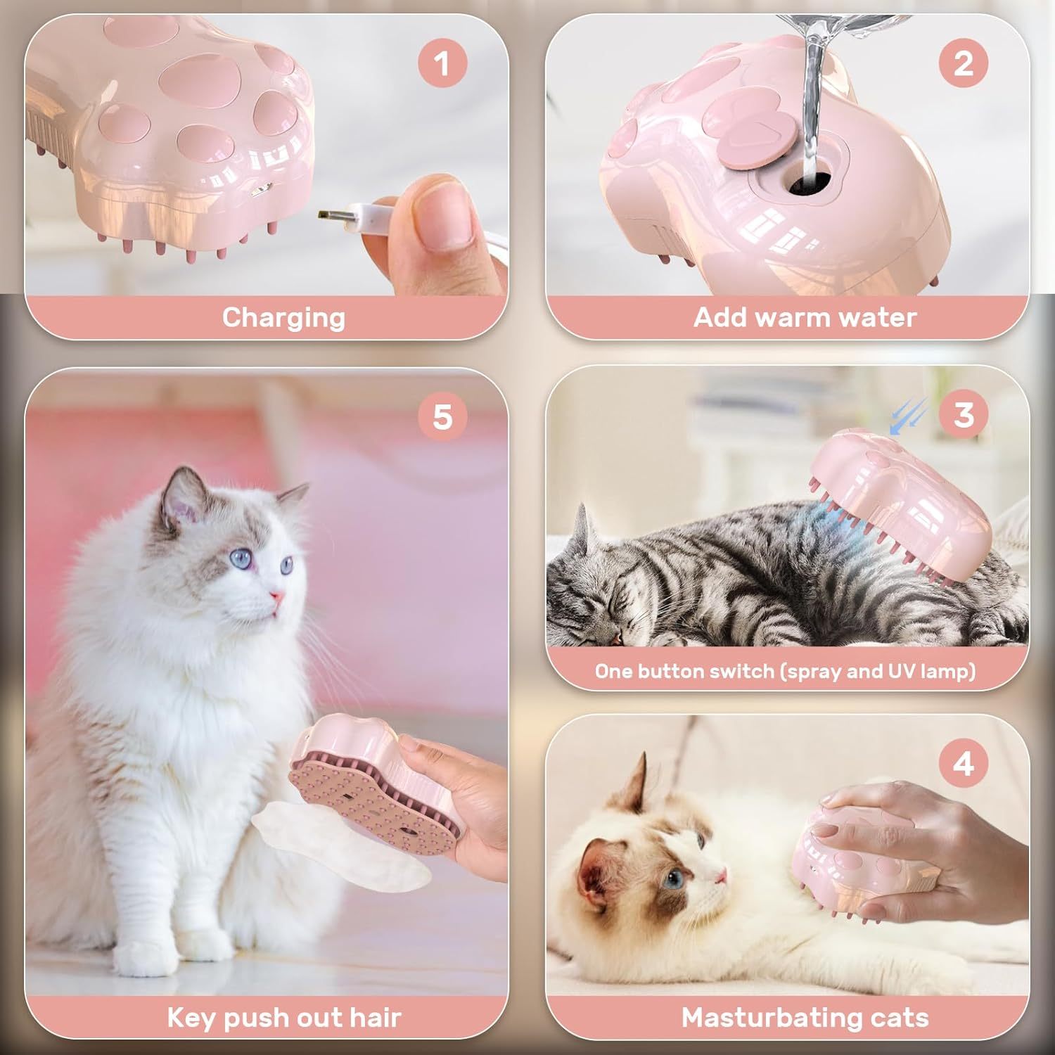 Brosse à Vapeur Autonettoyante pour Chat - 4 en 1 avec Brumisateur, Massage et Lumière Bleue - Pour Poils Longs et Courts - La Tribu Poilue
