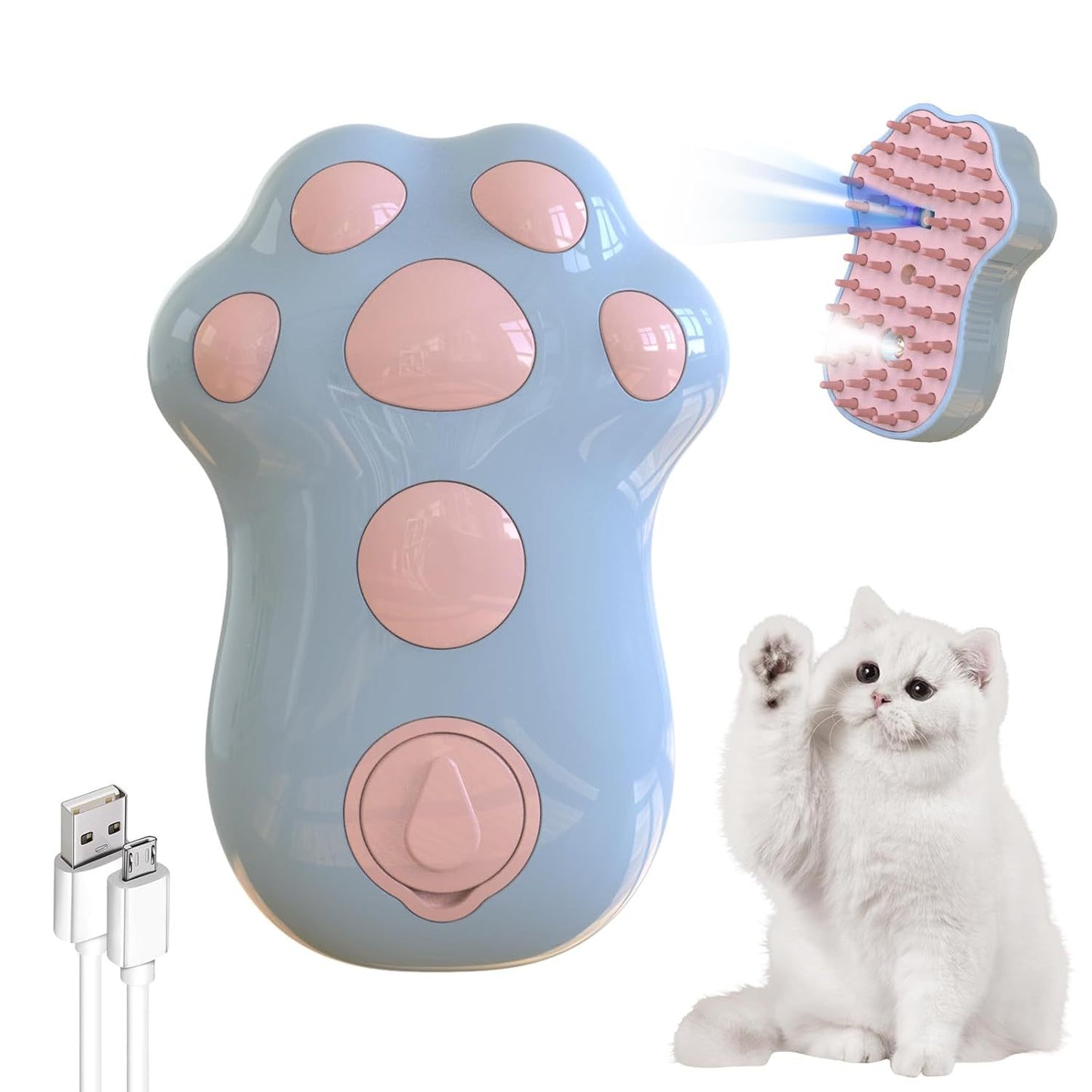 Brosse à Vapeur Autonettoyante pour Chat - 4 en 1 avec Brumisateur, Massage et Lumière Bleue - Pour Poils Longs et Courts - La Tribu Poilue