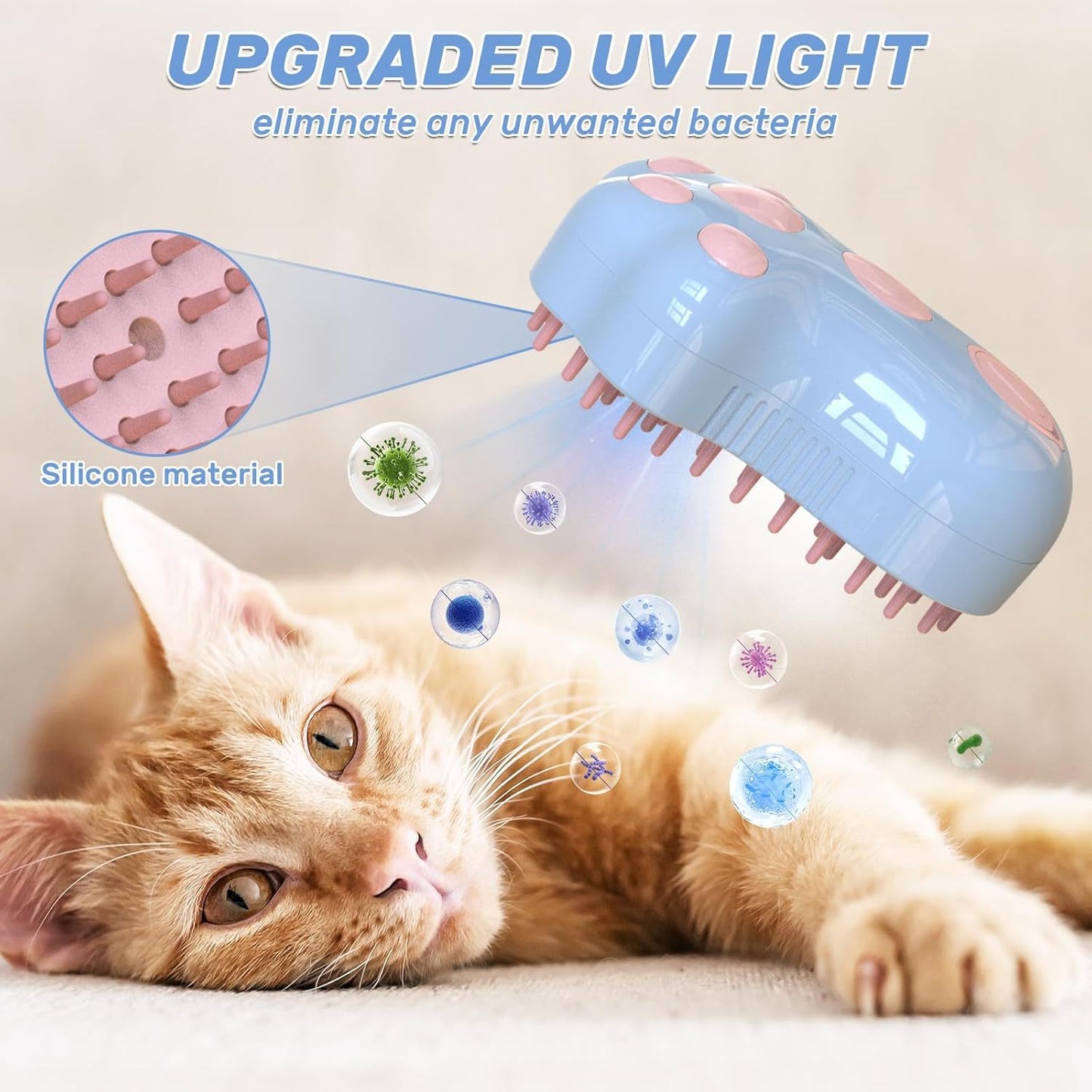 Brosse à Vapeur Autonettoyante pour Chat - 4 en 1 avec Brumisateur, Massage et Lumière Bleue - Pour Poils Longs et Courts - La Tribu Poilue